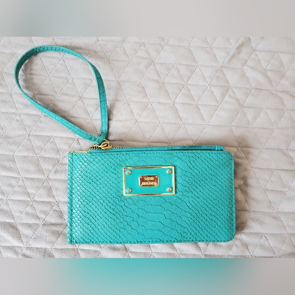 Steve Madden Wristlet Purse Faux Leather Tiffany blue Zip Top Pocket Loop Strap - Picture 6 of 15